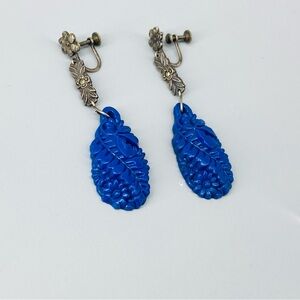 Vintage Blue Celluloid Flower Earrings 1940’s Early Plastic Molded